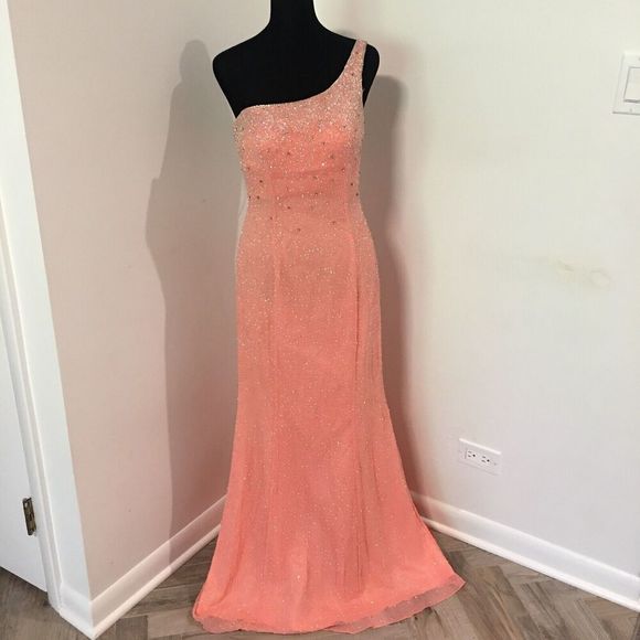 Alyce Designs Dresses & Skirts - ALYCE DESIGNS Vintage Coral Greek Goddess One Shoulder Beaded Long Prom Dress 6